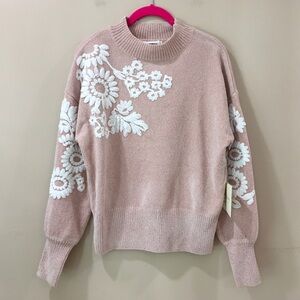 NWT Cynthia Rowley Mauve Textured Knit Floral Embroidered Mock Neck Sweater Sz M
